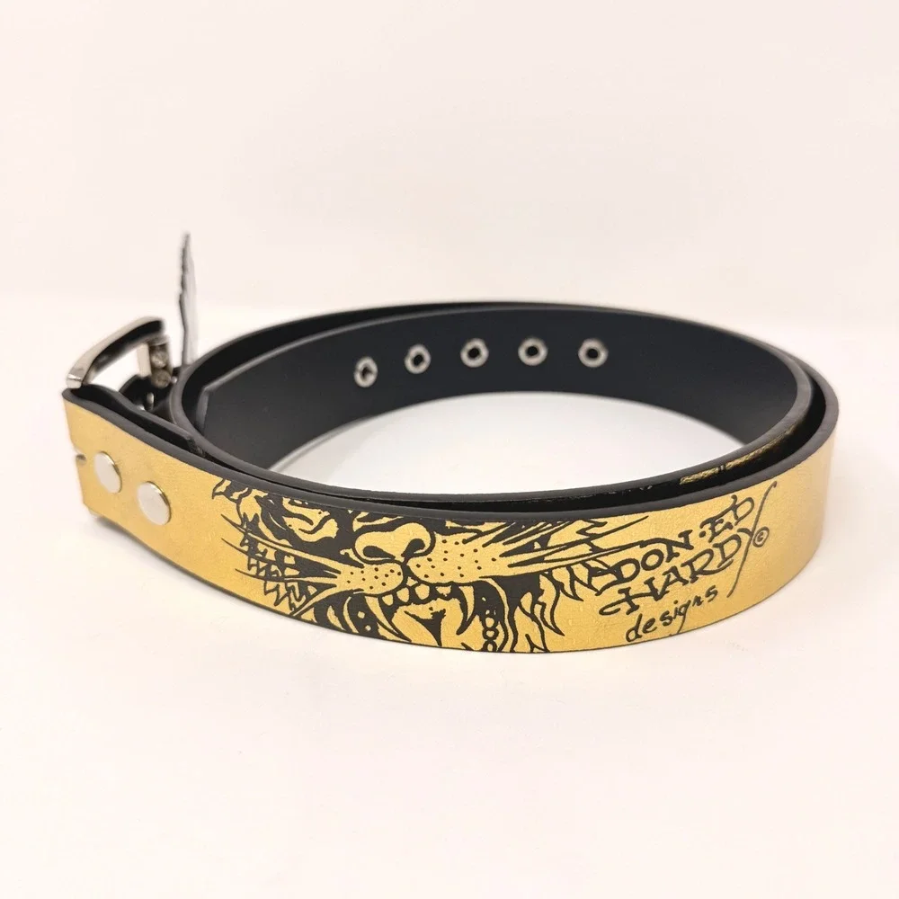 Ed Hardy Mens Metallic Gold Tiger Tattoo Graphic Belt Rhinestone Buckle 42 NEW